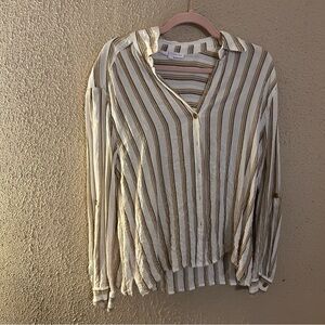 Jane+Delancey Button Up Shirt Size L Tan White Striped Long Sleeve Hi Low Hem